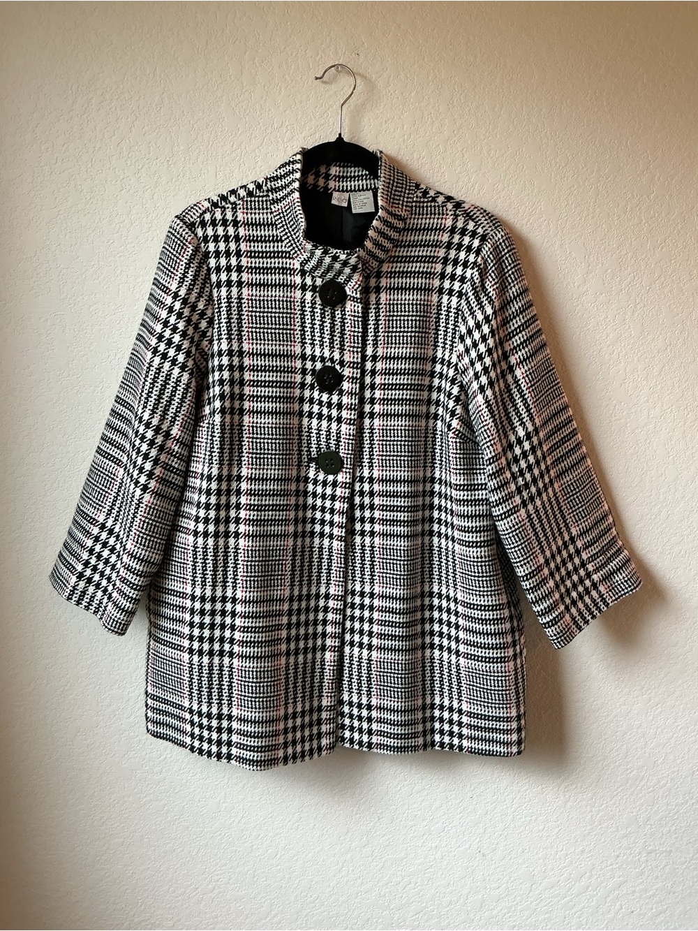 R.E.Q Houndstooth Plaid Coat Black White Red L